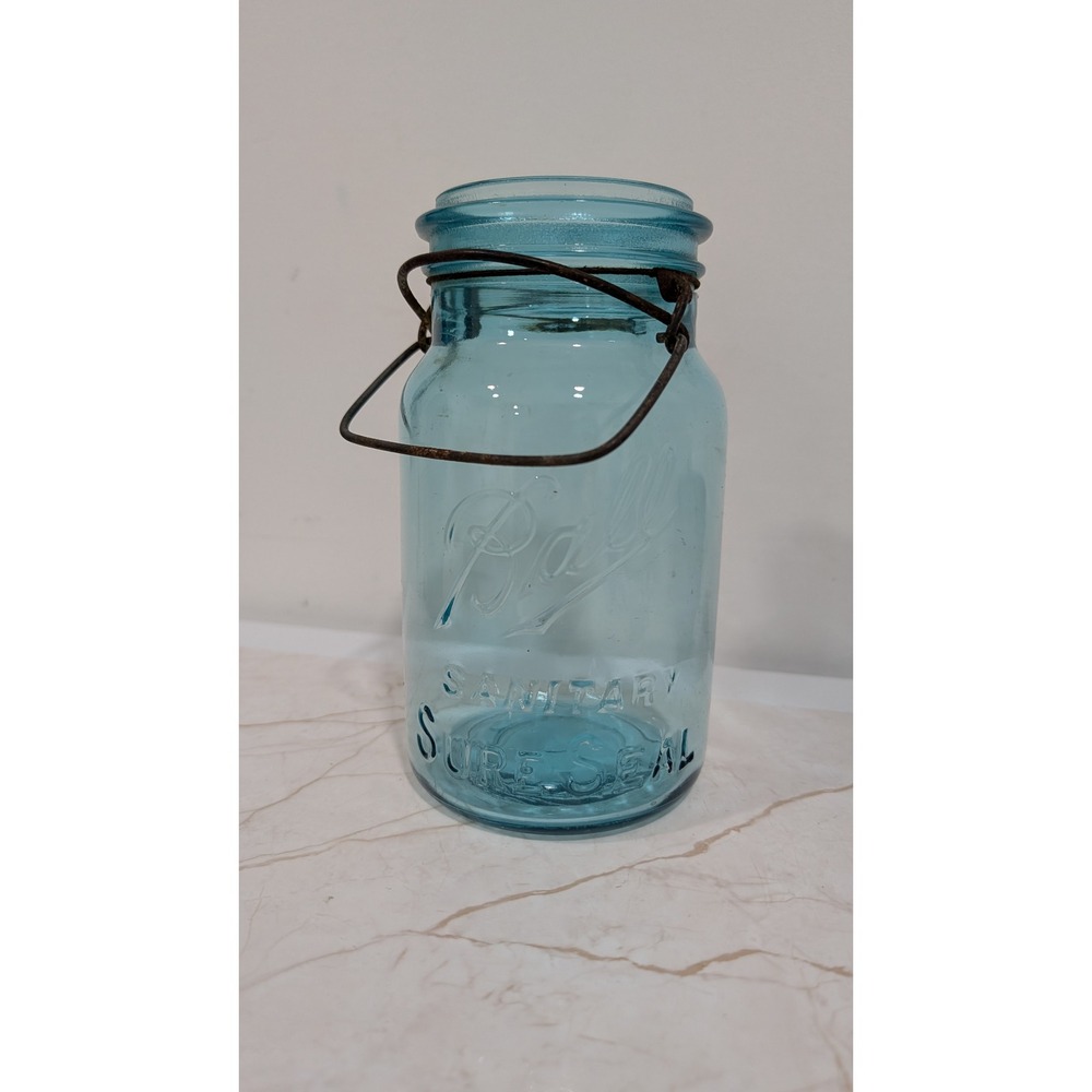 Vintage Ball Sanitary Sure Seal Aqua Blue Glass Canning Jar w/ Wire Bail no lid